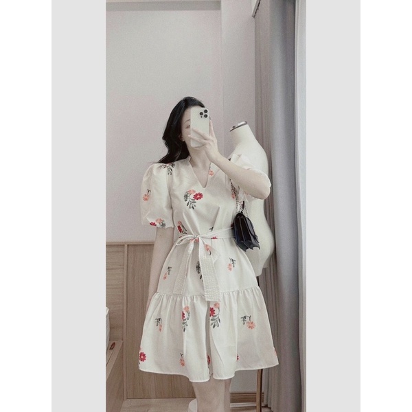 Đầm Thêu Hoa Thắt Eo Cổ V Siêu Xinh Mã AL20
