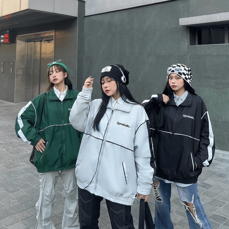 Áo Khoác Dù Nữ Cổ Trụ 2 Lớp 3 Màu Form Rộng Phối Sọc Tay Phong Cách Hàn Quốc NEW UNISEX