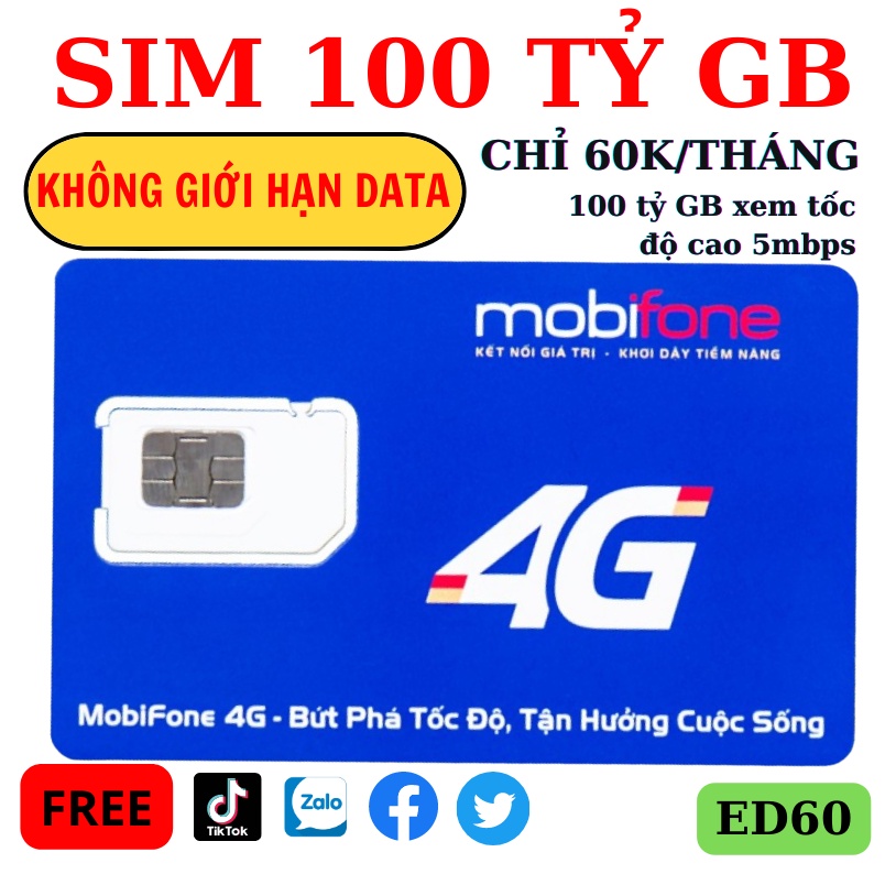 Sim KO GIỚI HẠN DATA Mobifone ED60 - Y60 - CF60 - AG60 - NCT60