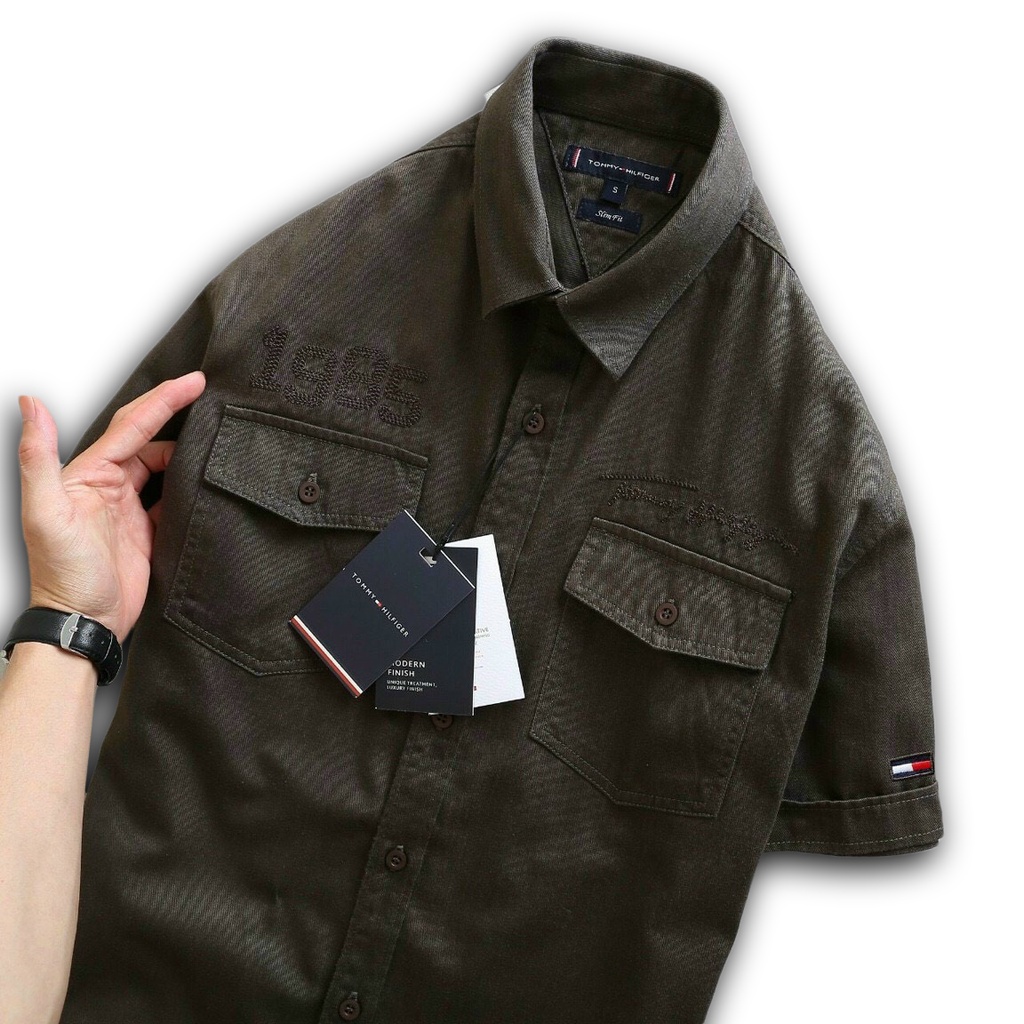 Áo sơ mi Kaki tay ngắn túi hộp -Áo khoác Kaki gam màu Retro cổ điển Logo thêu - 4 Màu II TM