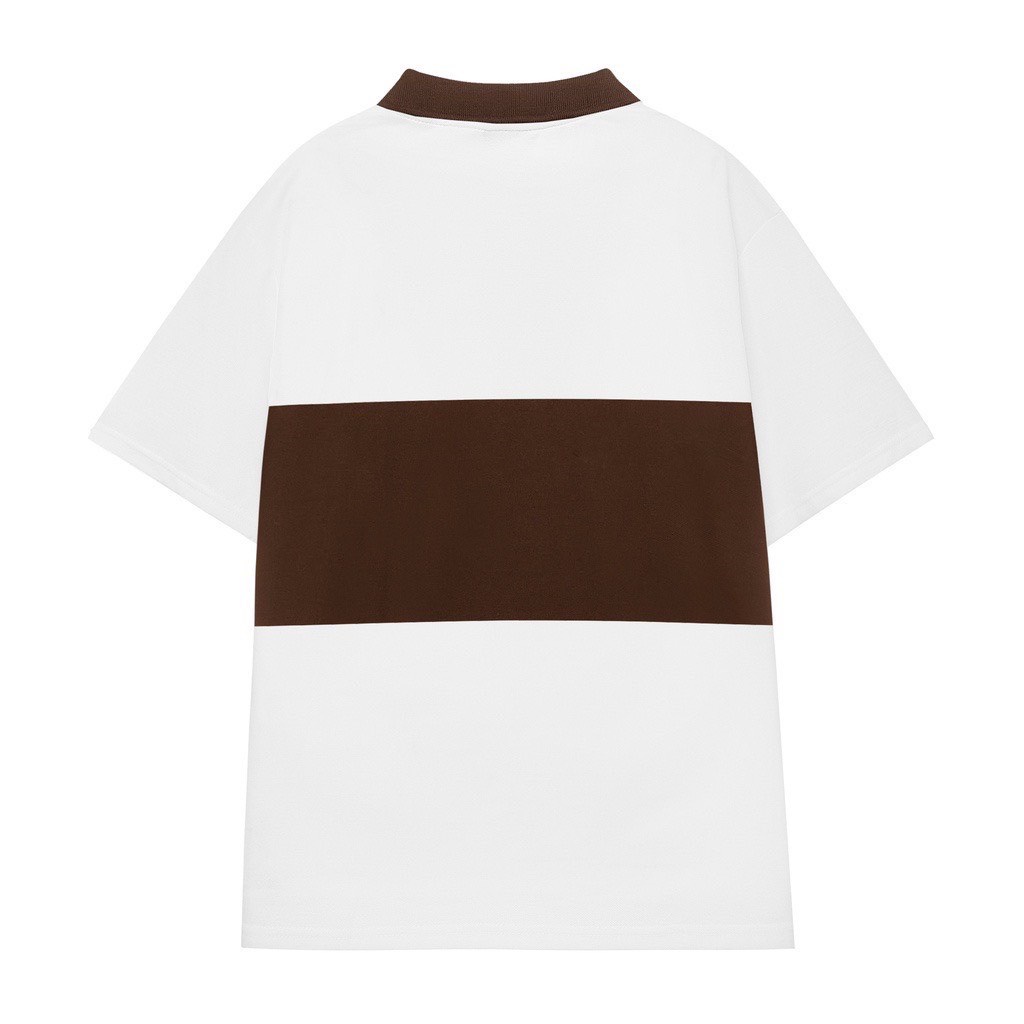 Áo Polo Teelab Phối Line Trắng Nâu, Polo Tay Lỡ Nam Nữ Chất Cá Sấu