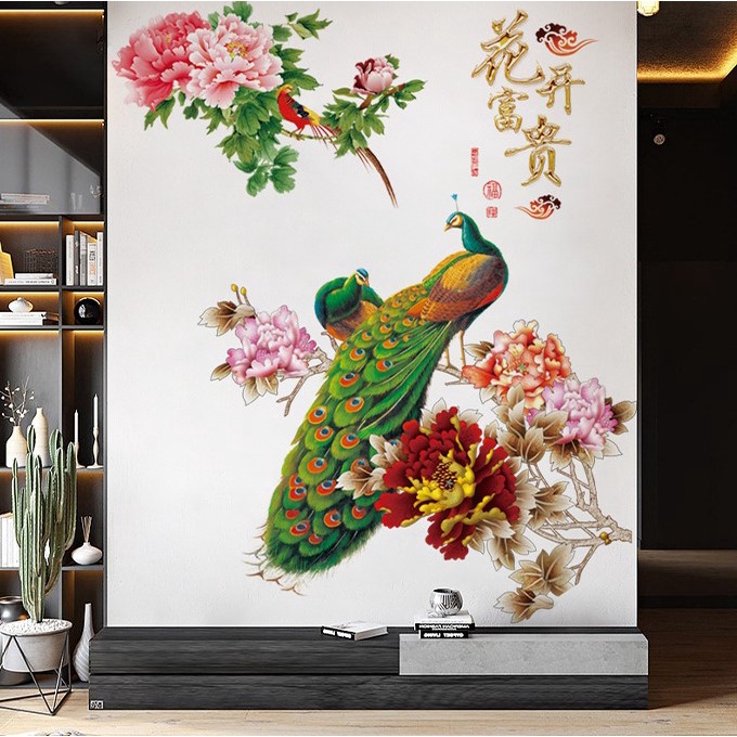 Decal dán tường Chim công xanh 3D và hoa mẫu đơn