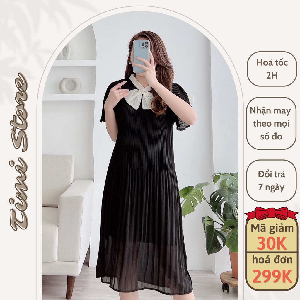 Đầm Bầu Thiết Kế-Váy Suông TiMi chất voan hàn đập ly nhỏ 2 lớp cổ nơ trắng 3 màu đen, hồng be _TM042