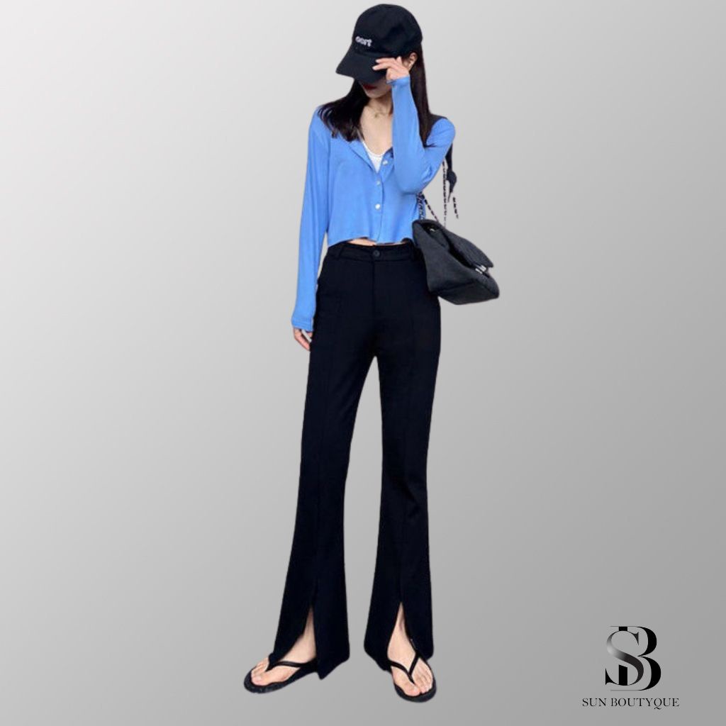 Quần ống lóeUNBOUTYQUEước cạp cao tôn dáng màu đen - Quần tây ống loe lưng cao xẻ tà ống vẩy cá đính điệu công sở hẹn hò