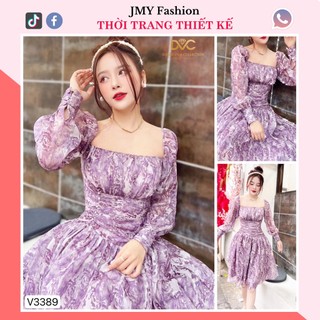 V3389 Váy voan hoa tím tiểu thư dài tay vintage [DVC&ACC] váy hoa tím cổ vuông dáng xoè ngắn