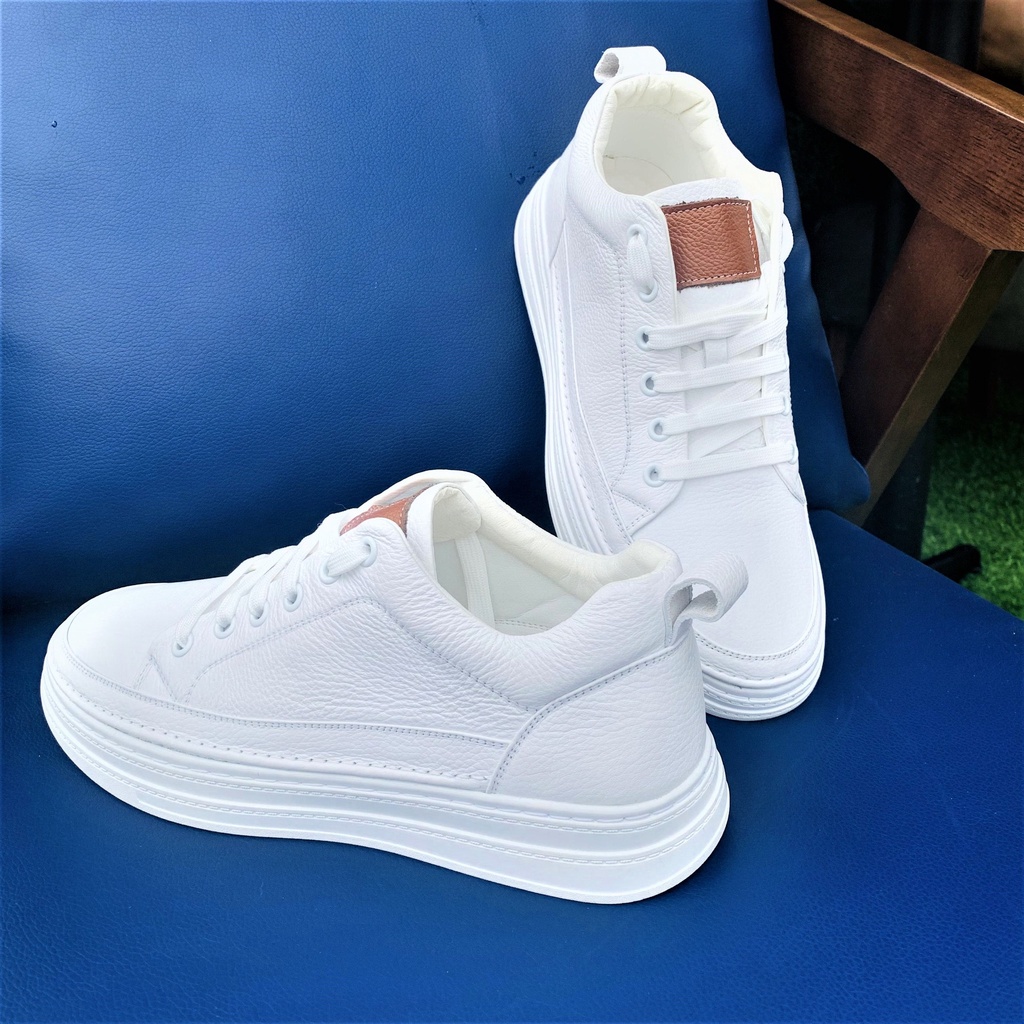 Giày Sneaker Nam Dáng Thể Thao Màu Trắng Da Bò 100% Bảo Hành 12 Tháng