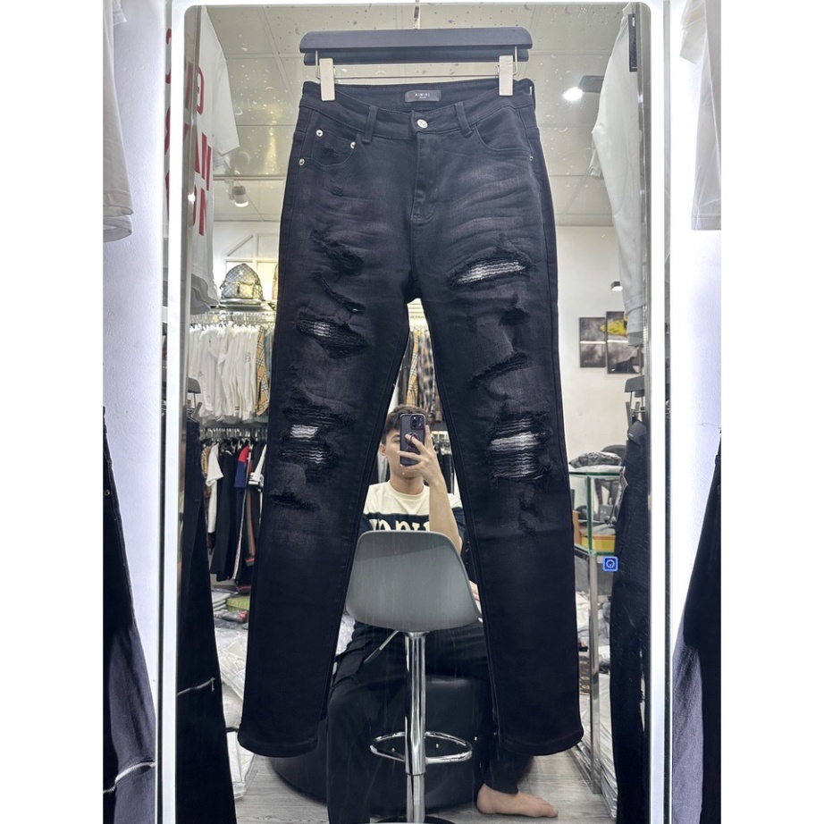 Quần jean bò nam slimfit Amiri wash đen mài vá vải nhăn kẻ sọc đen trắng đùi gối rách tua chỉ QJ182P