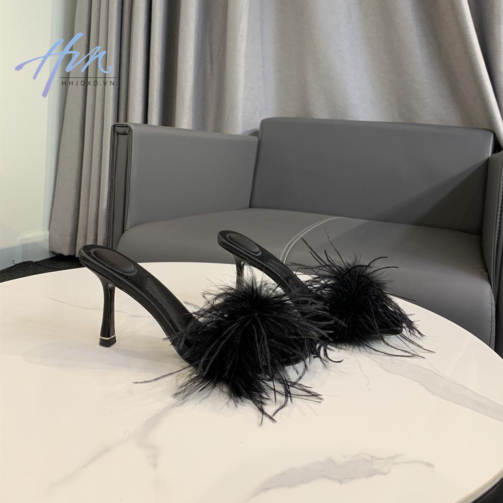 Dép Cao Gót Phối Lông Màu Đen Thời Trang Quyến Rũ Cao Cấp Cho Nữ