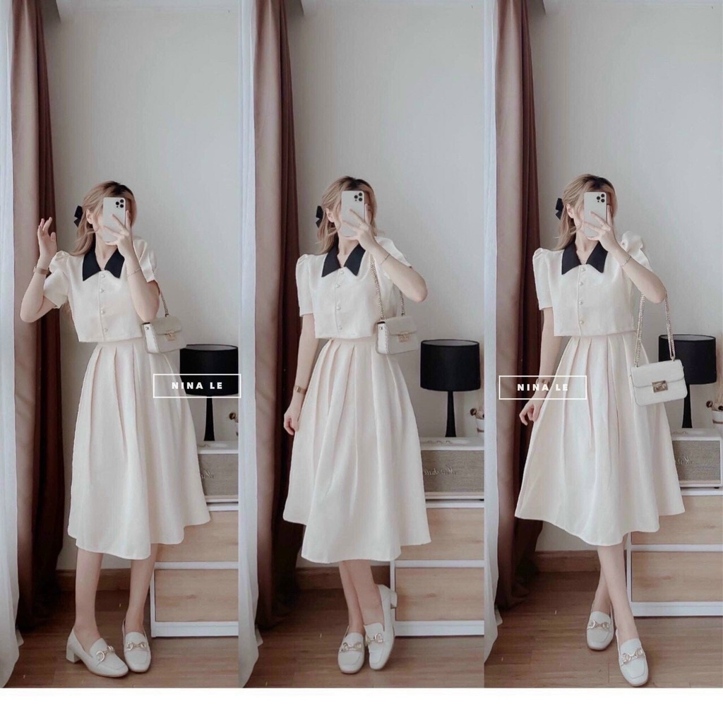 Set Váy Xòe Xếp Ly Thanh Lịch, Áo Kiểu Nữ Cổ Bẻ Phối Đen, Sét Tiểu Thư Nữ Chất Tapta Dáng Xòe Mini Sang Chảnh
