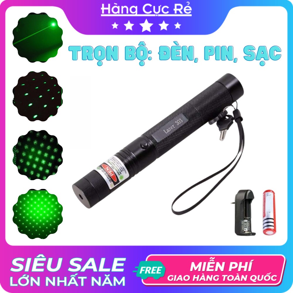 Đèn Laser chiếu tia laze siêu mạnh siêu sáng, pin Li-ion 3v7, bộ sạc 18650, chìa khóa, giấy HDSD, hộp đựng