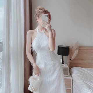 Váy Trắng Cổ Yếm Đi Biển Khoét Sau Lưng, Chất Lông Vũ Siêu Êm