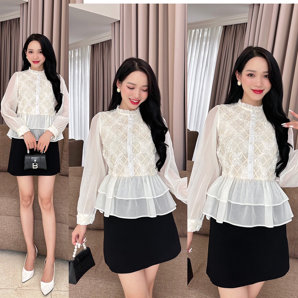 [Ảnh thật + video] Áo tơ peplum ren hoa bèo tầng