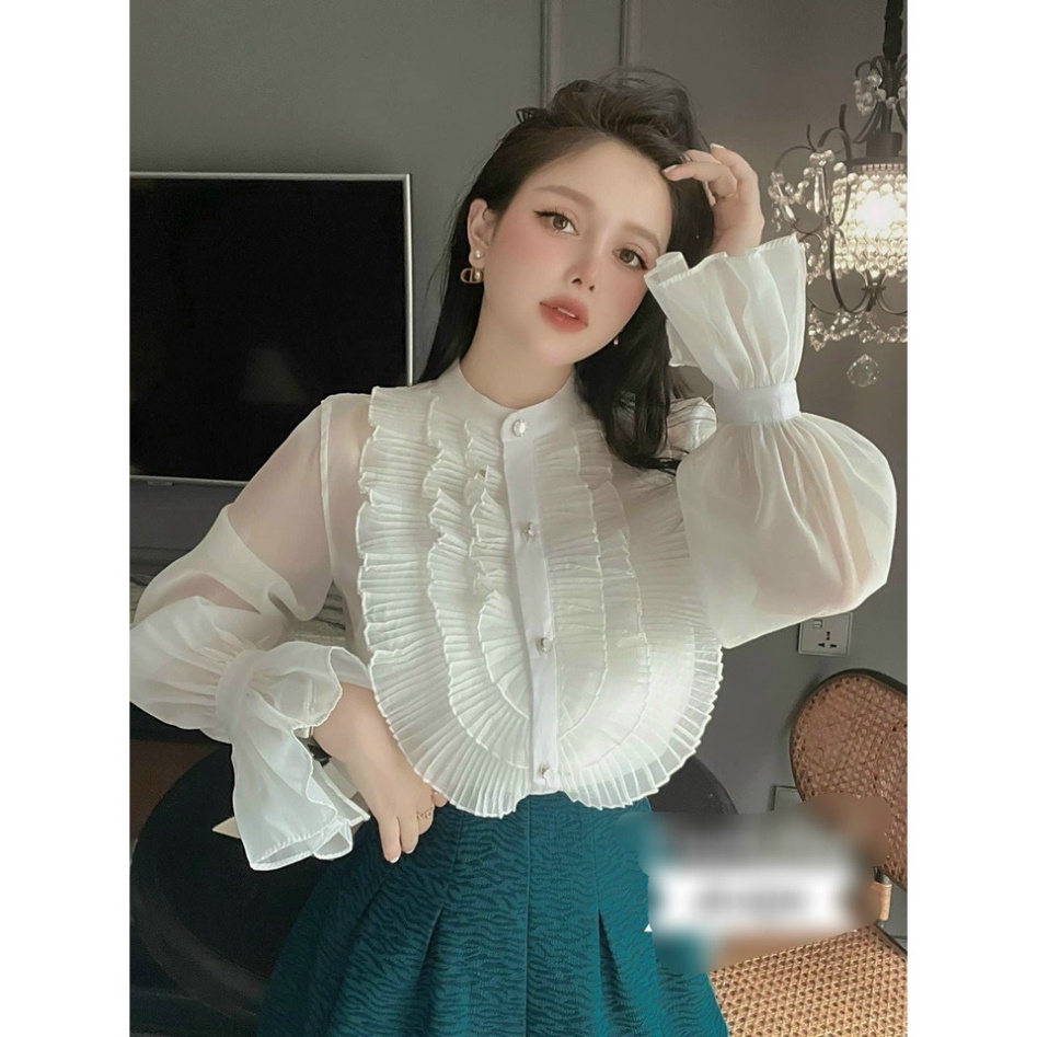 Áo sơ mi nữ kiểu phom rộng trắng be nâu tiểu thư -  Áo sơmi nữ phối bèo mặc đi học, đi làm nội y xanh - chất mát