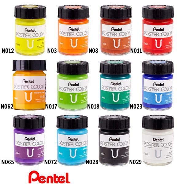 Màu poster Pentel, bộ 12 màu bột pha sẵn POSTER COLOR lọ thuỷ tinh 30ml/ lọ nhựa 12ml