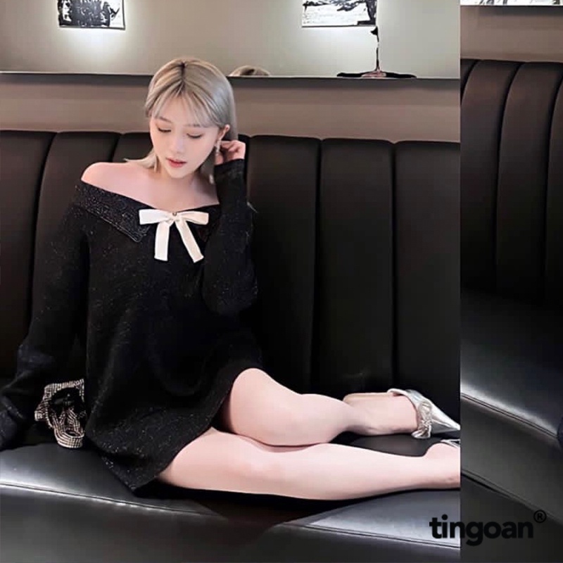 TINGOAN® - Áo len đen kim tuyết xù cổ V mặc hai kiểu đính nơ trắng AFTER PARTY OFF-SHOULDER TOP/BL