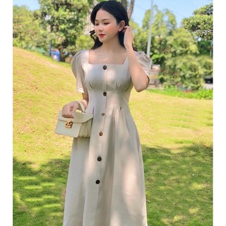 Đầm midi cổ vuông thắt eo 2 màu mặc đi làm đi chơi đều xinh (kèm hình thật)