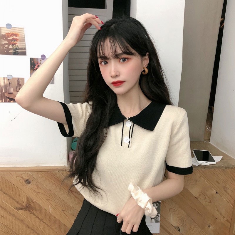 Áo Thun POLO Tay Ngắn Dáng Rộng Màu Sắc Đơn Giản Phong Cách Hàn Quốc