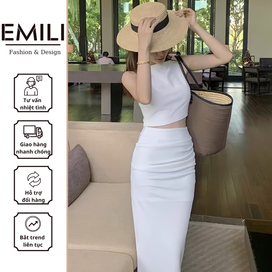 Set váy thiết kế 2 món Emili dáng áo croptop mix chân váy dài ôm body [V69]