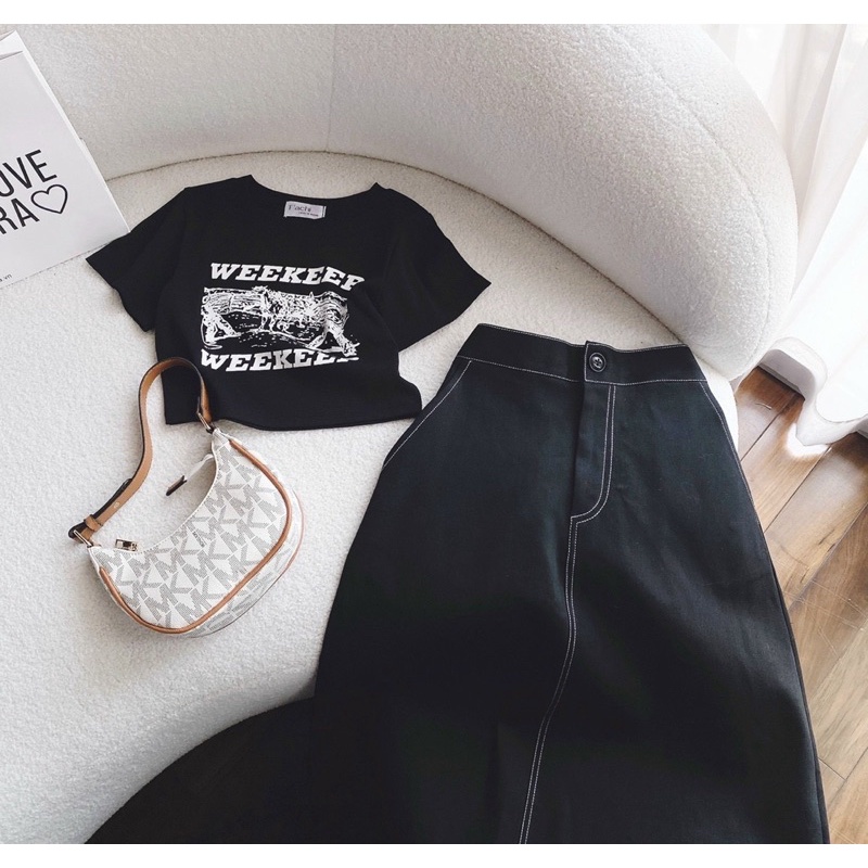 Set Váy Nữ B&M áo croptop pull đen chân váy midi jean