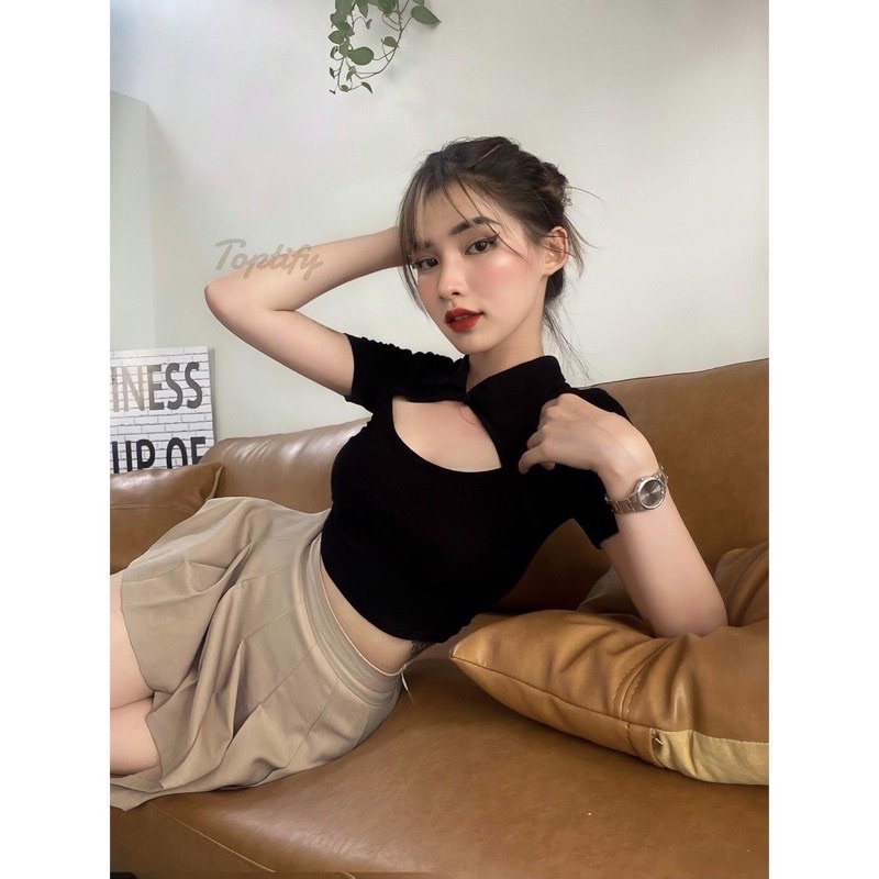 Áo Croptop basic Tay Ngắn Cổ Bẻ Khoét Ngực