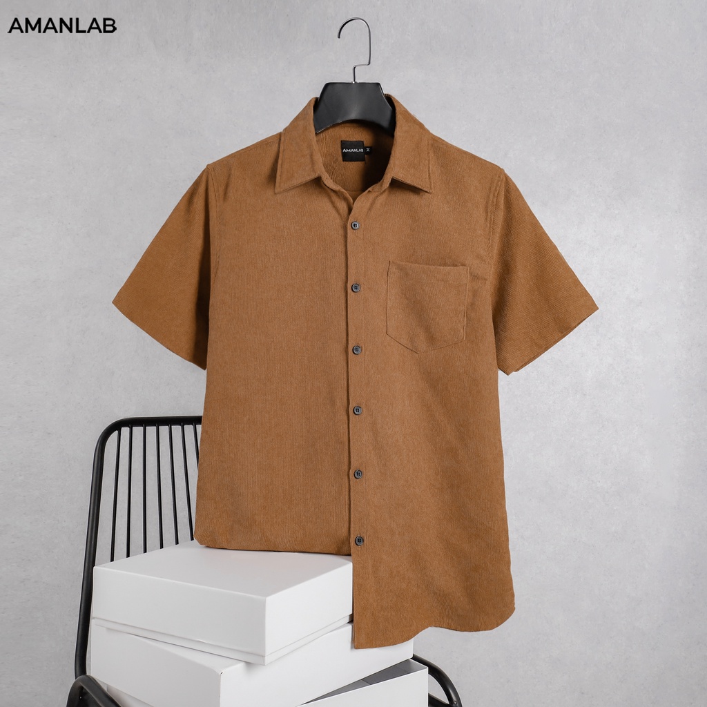 Áo sơ mi nam tay ngắn vải nhung tăm mịn, không nhăn, form regular màu basic Cowhide AMANLAB