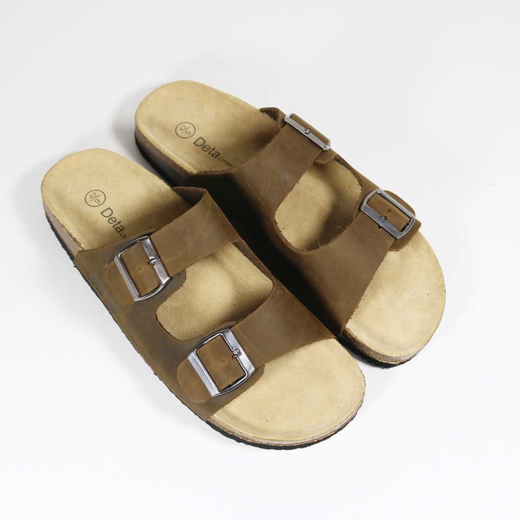 Giày dép đế trấu nam nữ quai ngang da bò thật 2 khóa Detaunisex thời trang cao cấp Birken - màu Nâu Bò - DEBO21N