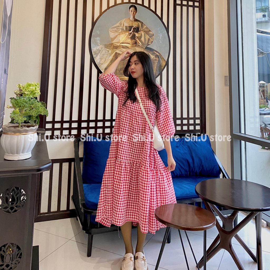 Váy babydoll tay bồng kẻ sọc caro xếp ly dáng dài cúc lưng dây buộc eo vintage phong cách Hàn Quốc