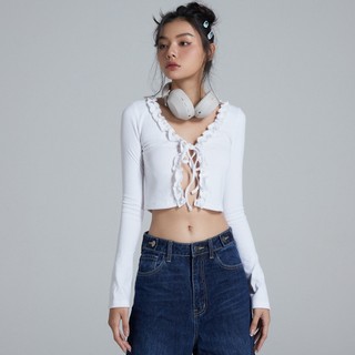Áo Croptop Ôm Tay Dài Thun Gân, Phối Nơ Cột, Thiết Kế Viền Bèo Trẻ Trung - Maybi Chính Hãng