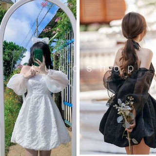 Váy cổ yếm tiểu thư gấm xốp tay bồng có thể tháo dời, dầm dự tiệc nữ thiết kế 2 màu đen trắng thanh lịch KUDOSHOP