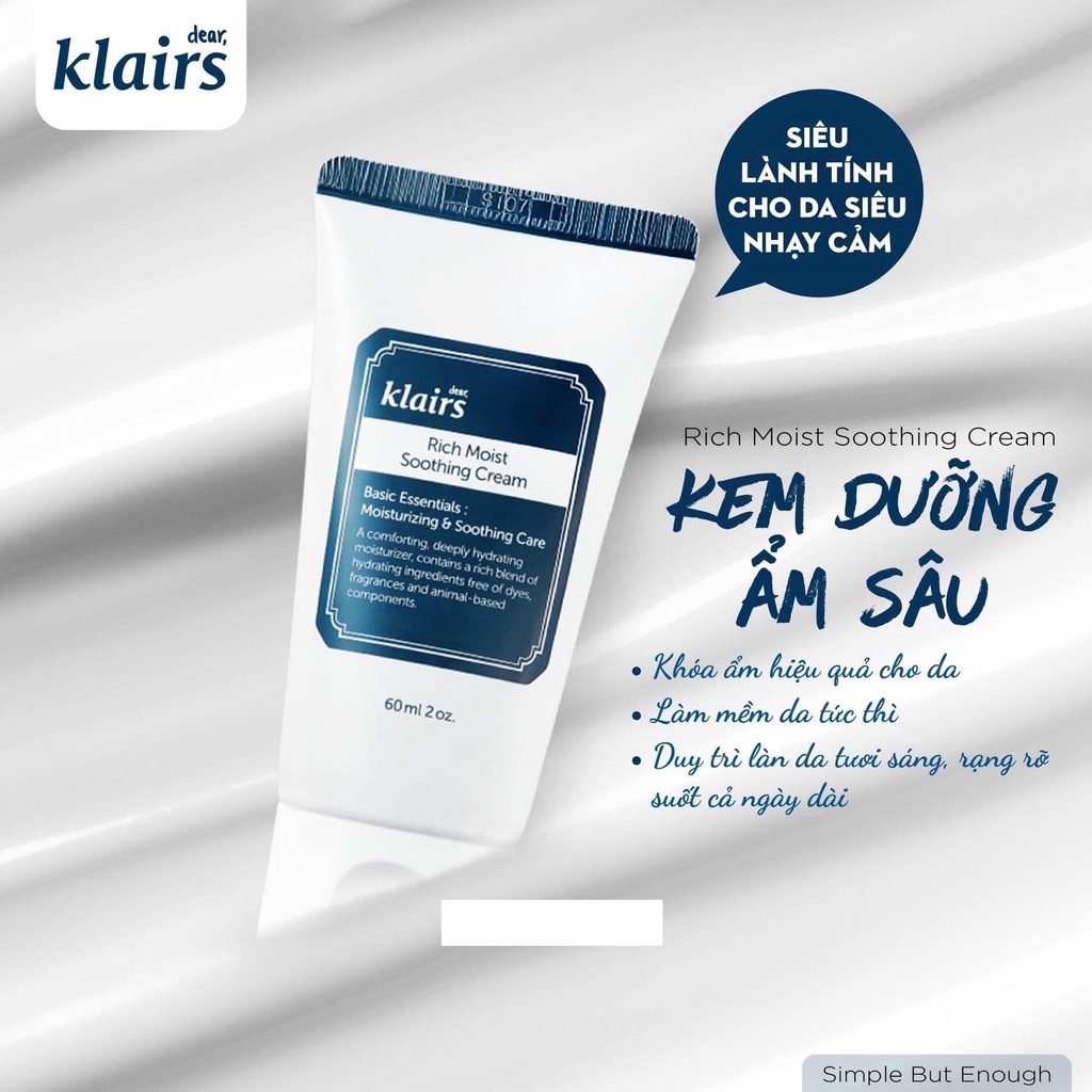 Kem dưỡng ẩm Klairs / Đại Lý Chính Hãng / Kem Dưỡng Ẩm Klairs Rich Moist Soothing Cream 80ml