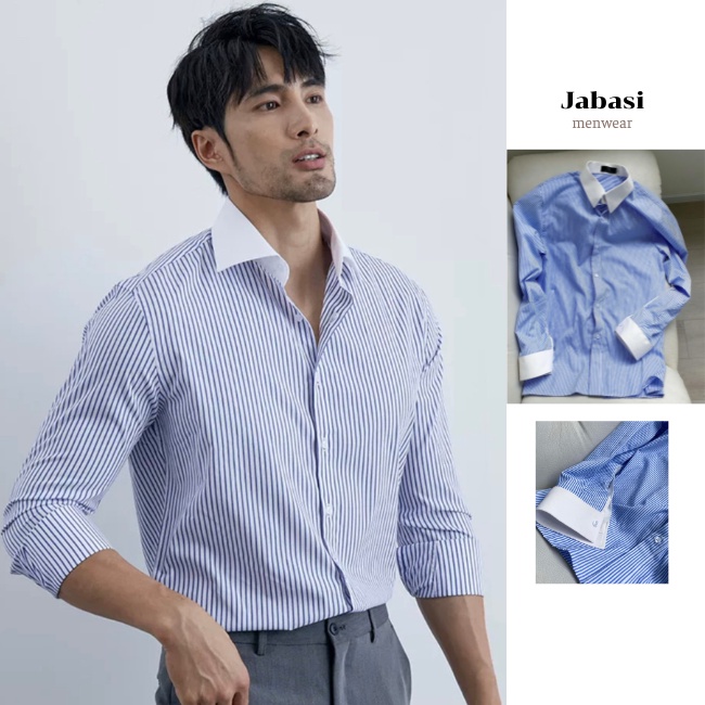 Áo sơ mi kẻ sọc stripes phối tay, cổ trắng hàn quốc JABASI dài tay chất liệu thoáng mát