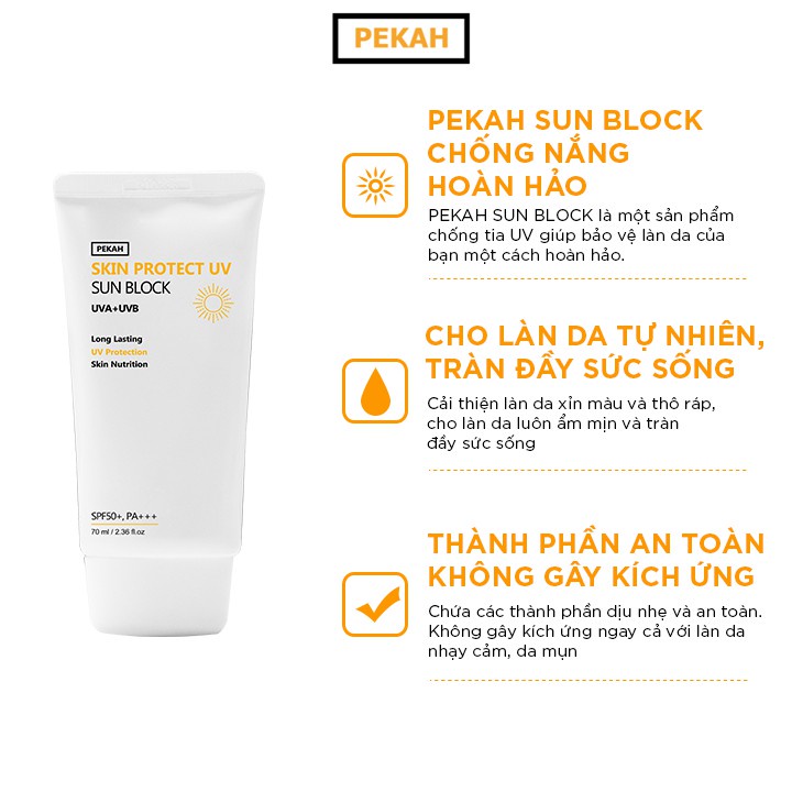 Kem chống nắng vật lý PEKAH Hàn Quốc (Date 2026), nâng tone nhẹ Skin Protect UV Sun Block SPF 50+ PA+++ 70ml