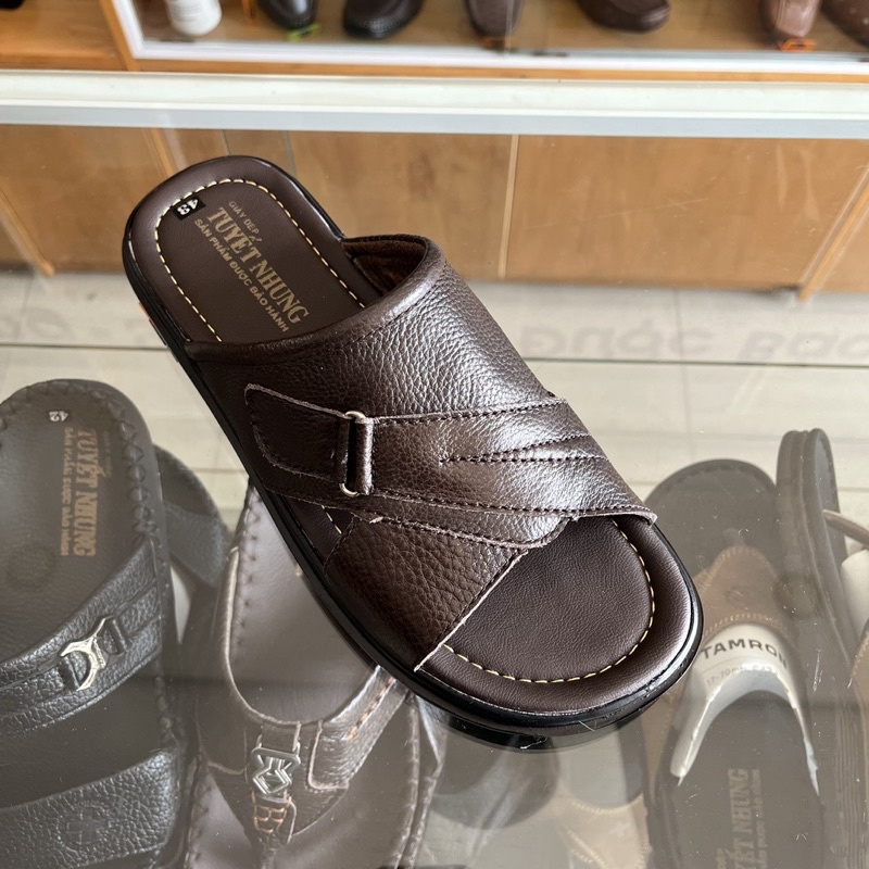 Dép da nam trung niên đế cao 3cm màu nâu/vàng bản khoá