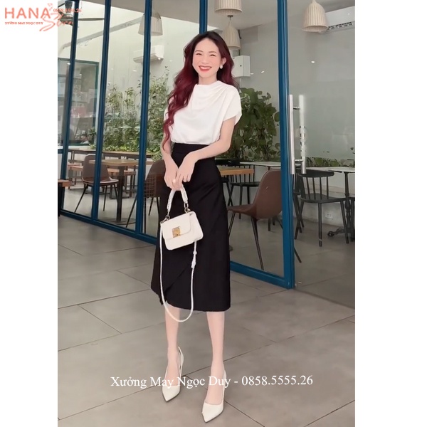 Chân váy dài qua gối nhún eo vạt chéo lệch giấu bụng phong cách Hàn Quốc sang chảnh hẹn hò chân váy công sở dài đi tiệc | BigBuy360 - bigbuy360.vn