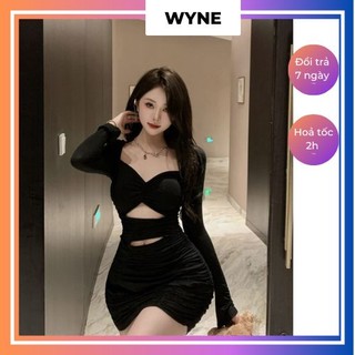 Đầm body nữ khoet eo Wyne dài tay, Váy đen hottrend ôm dáng phong cách gợi cảm