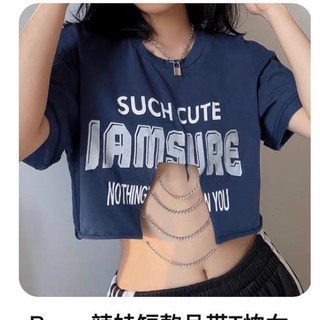 127 - Áo croptop nữ kiểu phối xích khoét eo cá tính năng động chất vải thun trơn in chữ Free Size dưới 53kg
