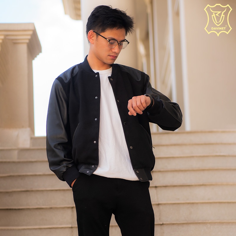 Áo Khoác Varsity Da Xịn DAVINET Am22-04, Da Xịn, Siêu Bền, Mềm Nhẹ, Bảo Hành 5 Năm
