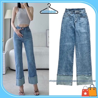 Quần jeans nữ, quần jeans lưng cao ống đứng co giãn lai lật, kèm ảnh thật