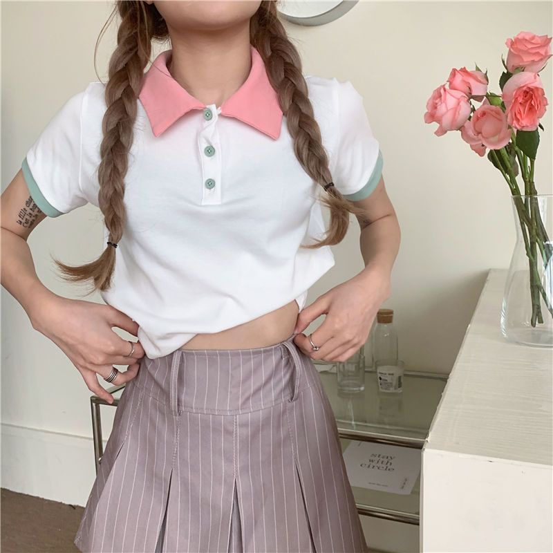 Jiashucheng Áo Croptop Tay Ngắn Eo Cao Màu Hồng Thời Trang Mùa Hè Phong Cách Mới Cho Nữ