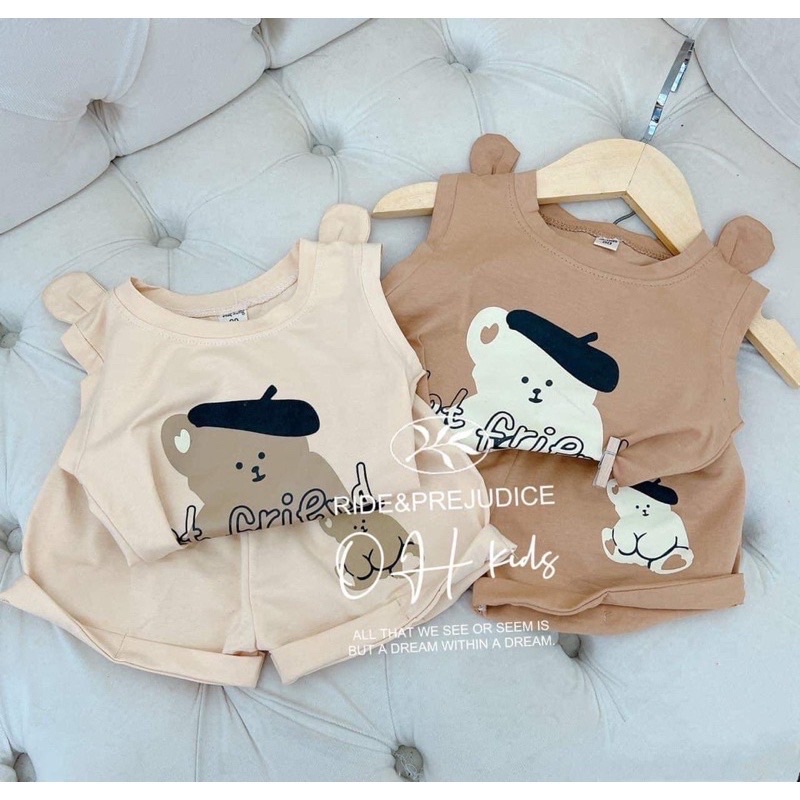 Set bộ hè ba lỗ mẫu in hình gấu có 2 tai trên vai. Chất cotton mềm mịn thoáng mát cho bé