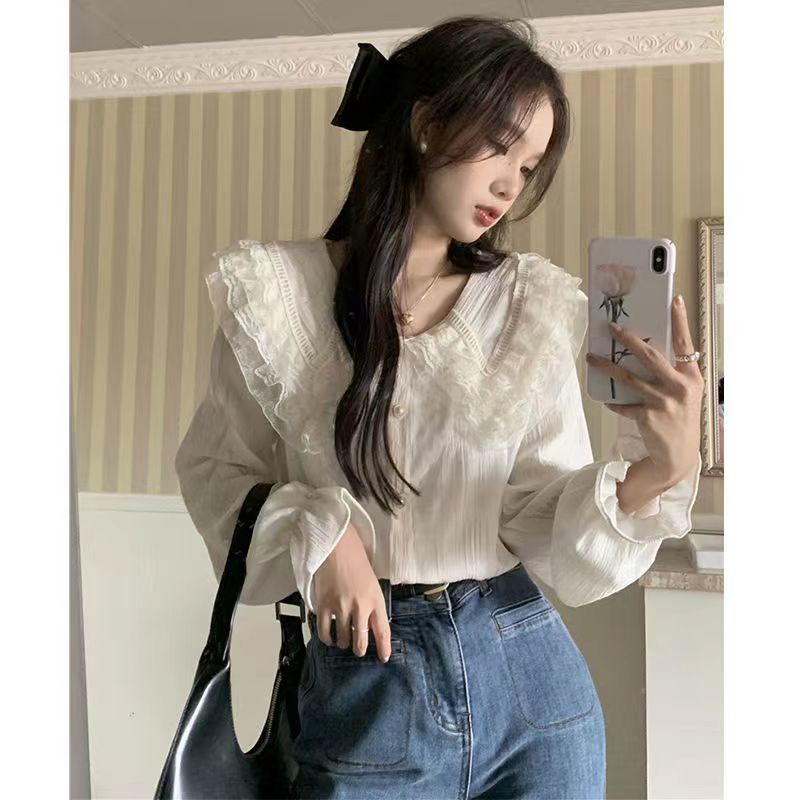 Áo Sơ Mi Tay Dài Cổ Búp Bê Phối Ren Thời Trang Mùa Xuân Xinh Xắn Cho Nữ