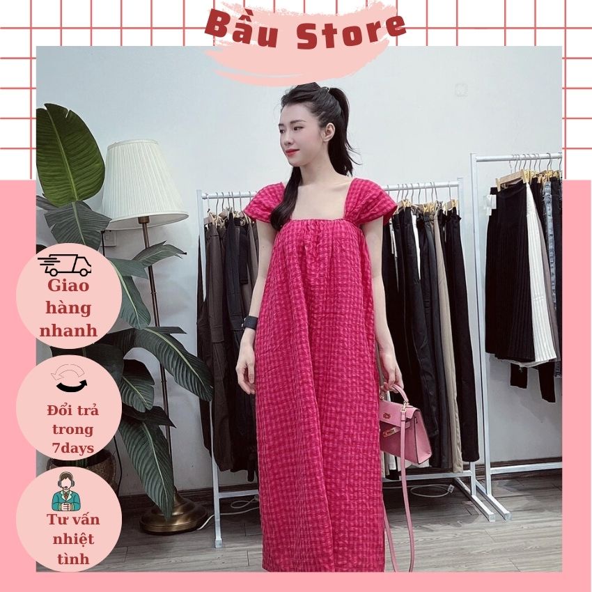 VÁY BẦU 2 DÂY BẢN TO CHẤT THÔ HÀN XỐP KẺ CARO-ĐẦM BẦU MÙA HÈ CHẤT MÁT NHIỀU MÀU