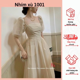 Váy Thiết kế Vintage Xếp Ly Ngực tay Bồng 2 Lớp dáng Xèo Hàng Đẹp