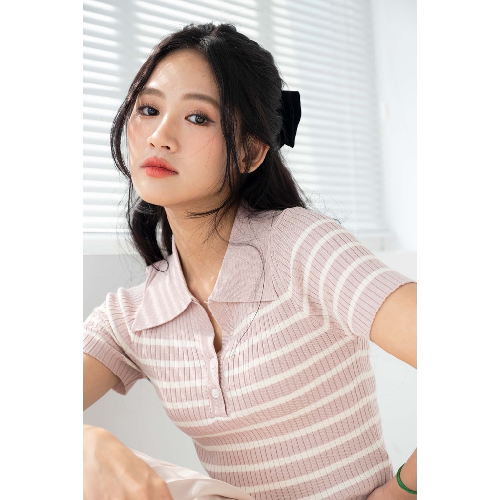 Áo len dệt kim polo xẻ V sọc ngang 4 màu LENCLOTHING 9469