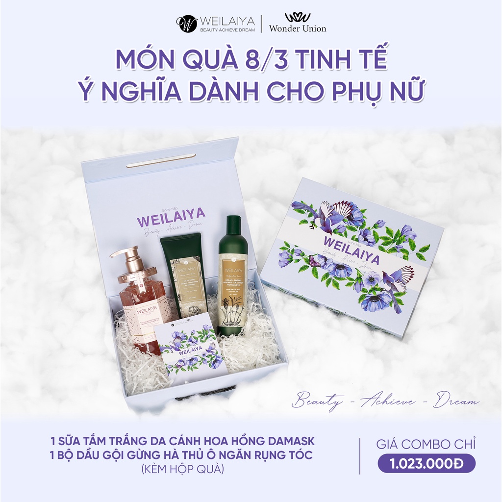 Combo Sữa tắm trắng da cánh hoa hồng Damask Weilaiya và Cặp dầu gội xả tóc thảo dược Weilaiya