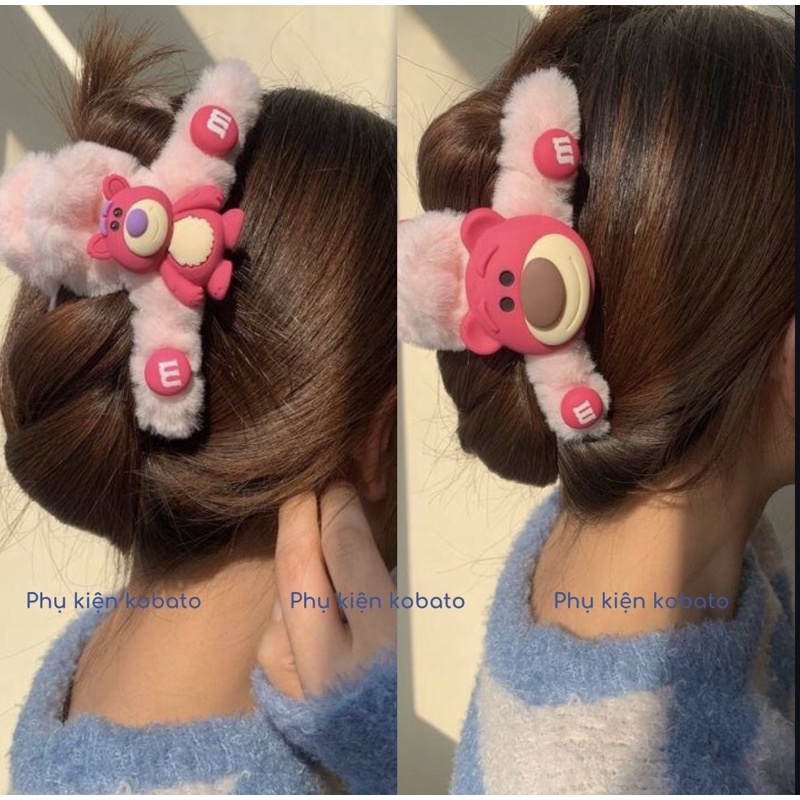 Kẹp gấp tóc phối lông đính charm nhựa hoạt hình gấu dâu Lotso phong cách Hàn Quốc xinh xắn