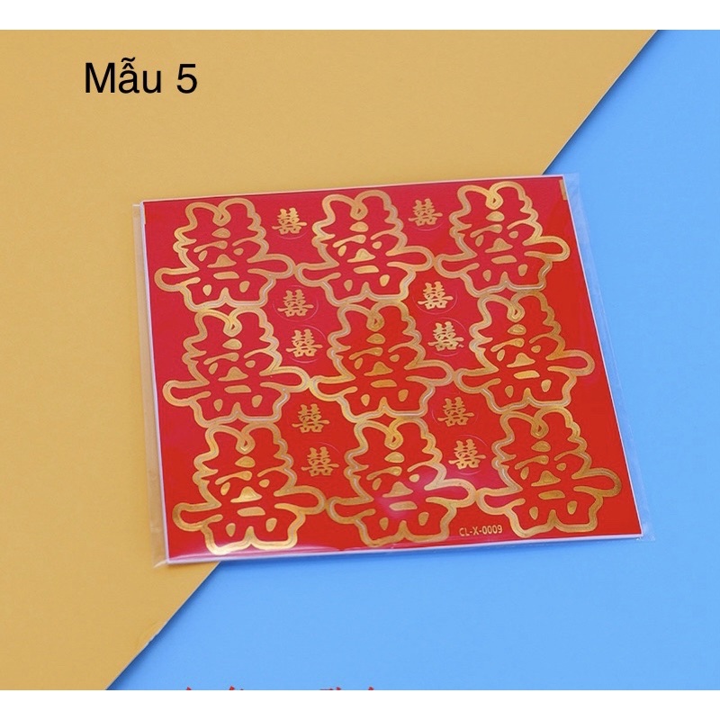 Decal hỷ vuông trang trí vật dụng ,trái cây ngày cưới có sẵn keo có thể dán ly , chén , đĩa ngày