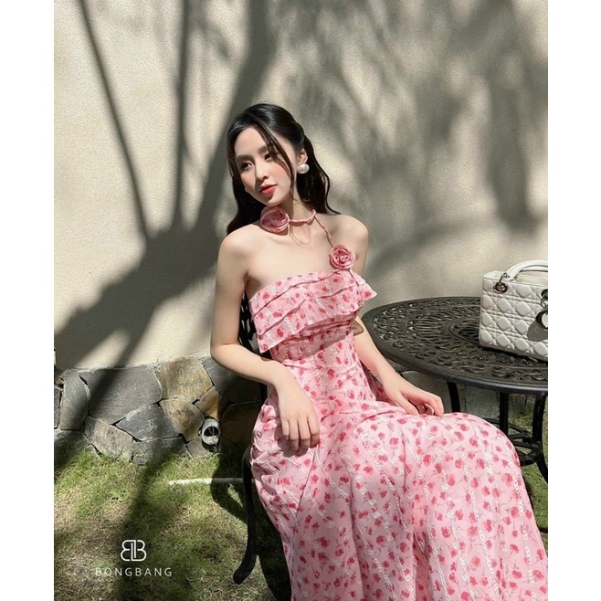 Váy Đầm maxi Voan hoa kèm dây cổ đính hoa Hồng sexy quyến rũ