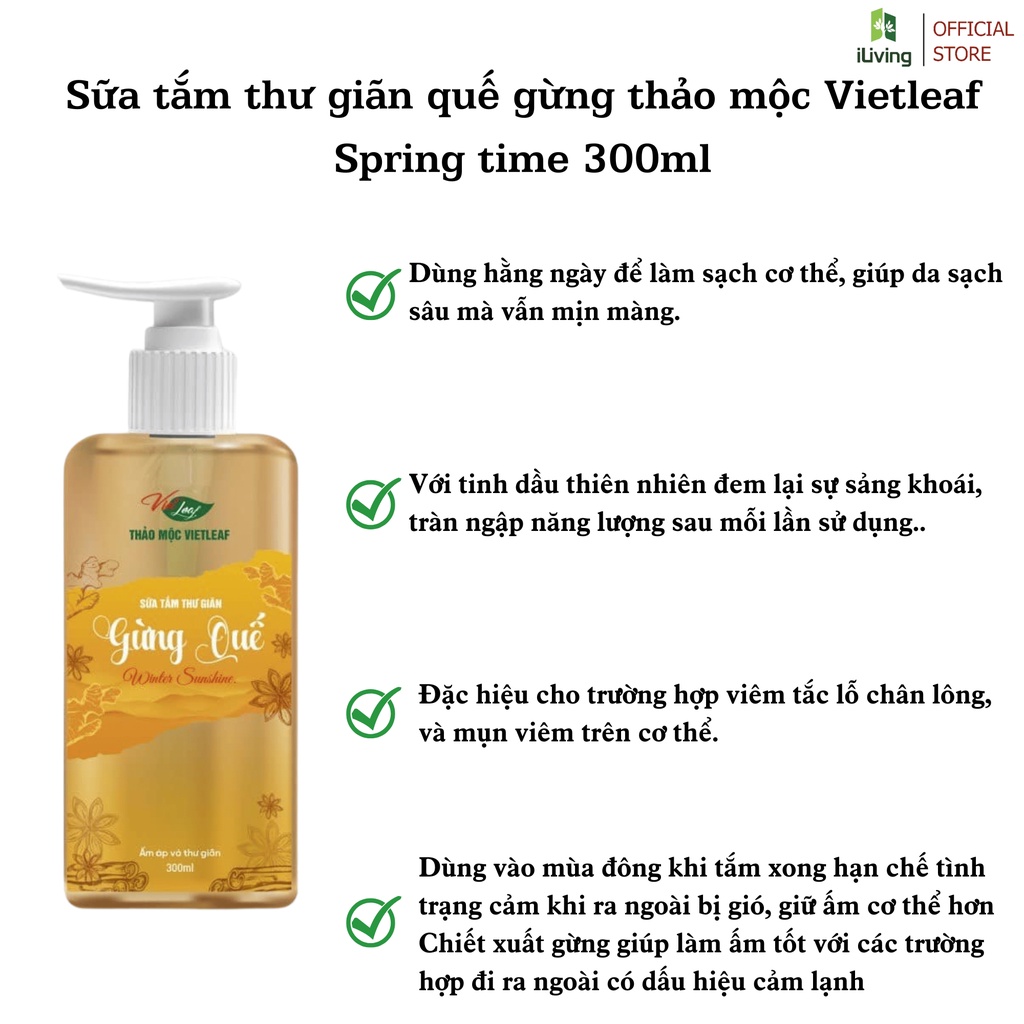 Sữa tắm thư giãn quế gừng thảo mộc Vietleaf Spring time 300ml ILIVING-VIESTQG300