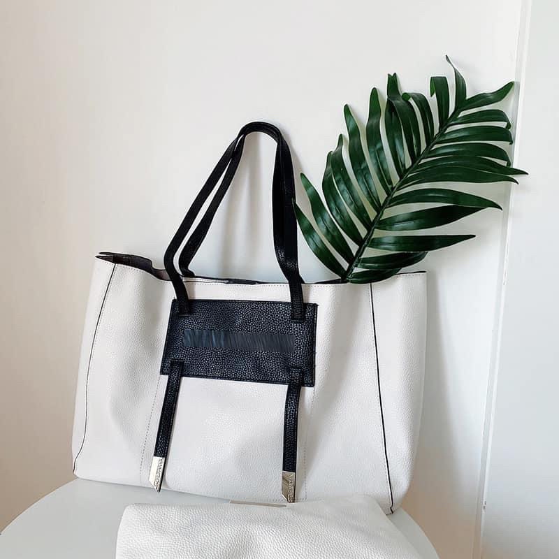 TNS - Túi tote da thật big size  Steven Maden shopper bag- -trắng đen sang chảnh